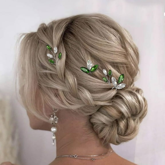 Green Rhinestone Bridal Hair Pins Silver Bride Wedding Hair Pieces Small Hair Clips Crystal Hair Accessories for Women and Girls (Pack of 4)