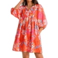 thumbnail image 5 of V Neck Puff Sleeve Floral Print Women High Waist Babydoll Mini Dress, 5 of 6