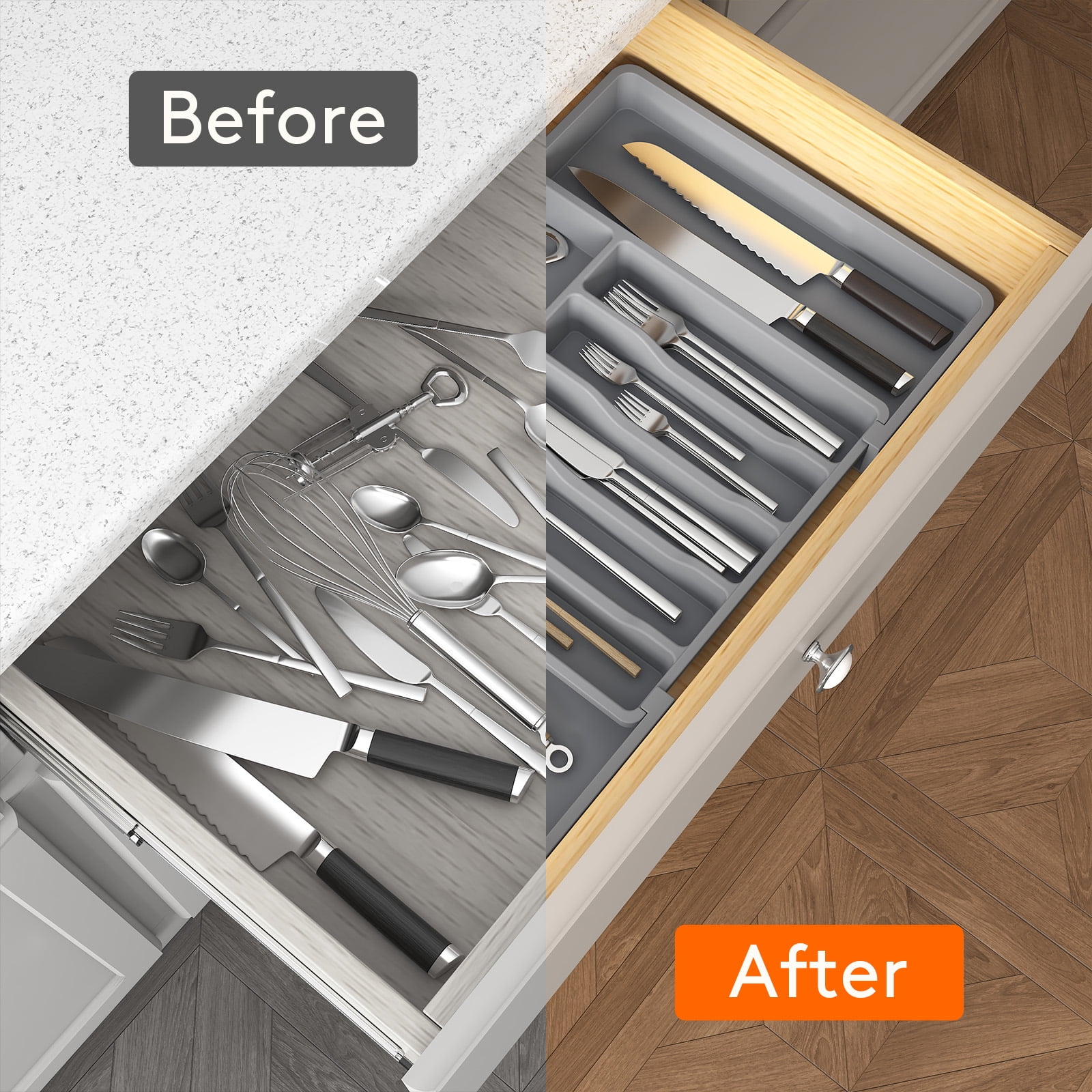 Lifewit Silverware Drawer Organizer, Expandable Utensil Tray BPA Free, Adjustable Flatware Storage for Spoons Forks Knives, 13"-22.4",  Gray