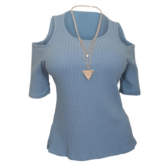 eVogues Plus Size Ribbed Off Shoulder Round Neck Top Blue