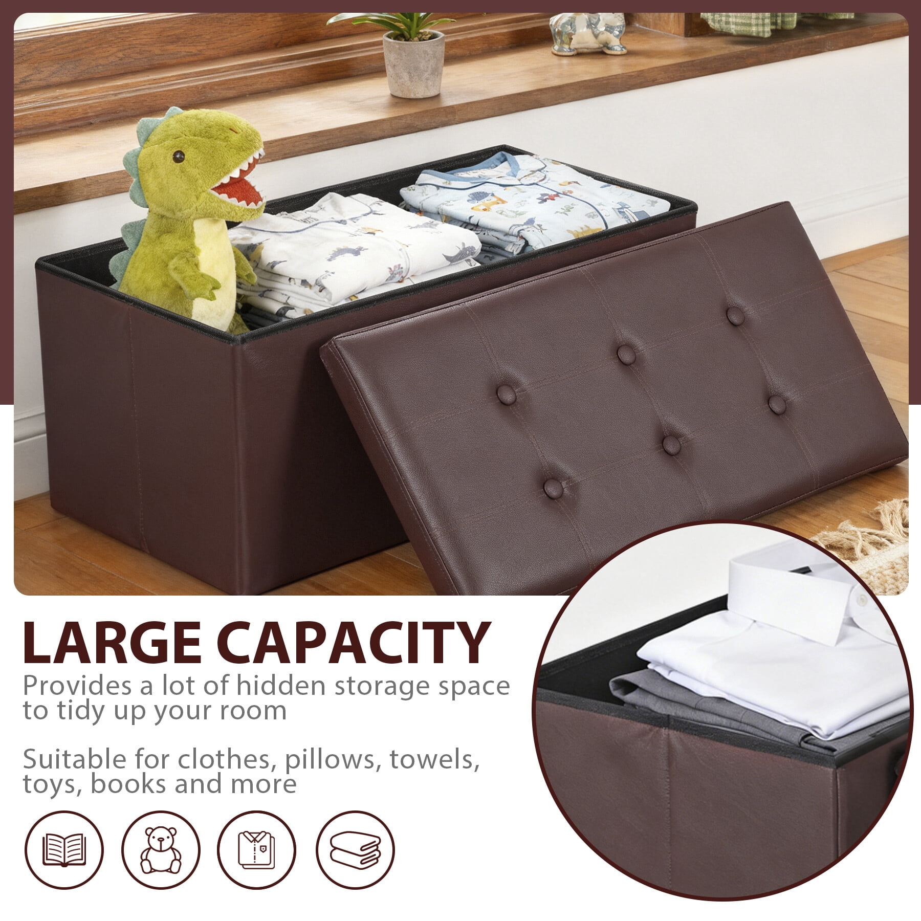 ZENY 30" Folding Storage Ottoman Bench Entryway MDF PVC Faux Leather Finish, Brown