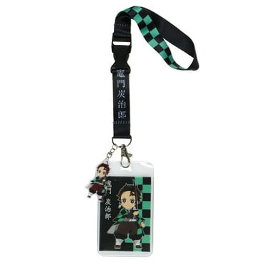Demon Slayer Checkerboard Design Wristlet Lanyard with ID Card and 2" Plastic Tanjiro Kamado Charm For Keys Keychain Wallet