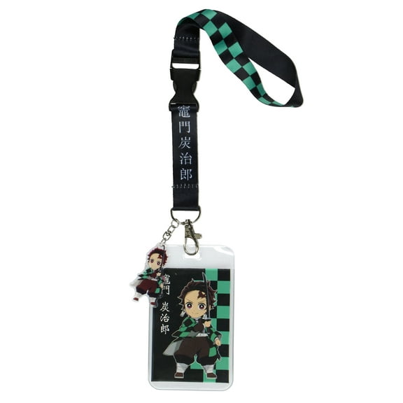 Demon Slayer Checkerboard Design Wristlet Lanyard with ID Card and 2" Plastic Tanjiro Kamado Charm For Keys Keychain Wallet