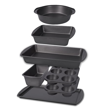 LISI 7-Piece Carbon Steel Non-Stick Bakeware Set with Muffin, Loaf, Cake, Roasting and Baking Pans, Heavy-Duty Carbon Steel Baking Sheets