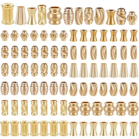 PH 96pcs Brass Corrugated Beads 12 Styles Golden Spacer Beads Long-Lasting Column Jewelry Beads Brass Rondelle Ball Loose Beads for Bracelet Earring Necklace Jewelry Craft Making Multi-color