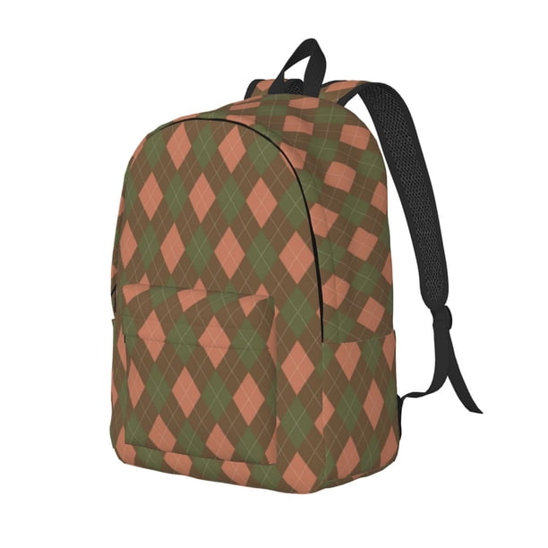 Disketp Green and Squares print Canvas Backpack Lightweight Travel Daypack Student Rucksack Laptop Backpack-Small
