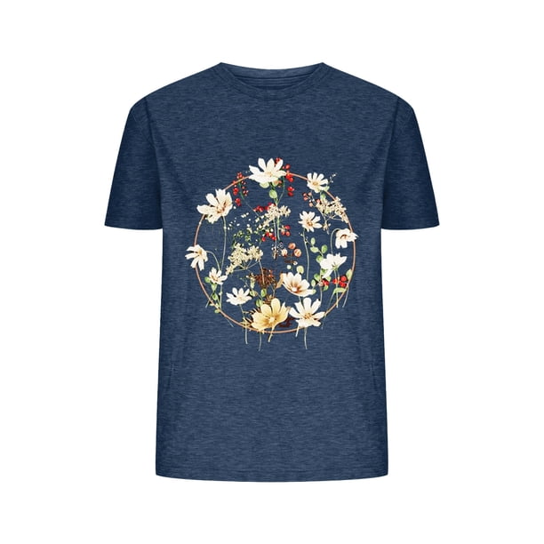 Blusas de Verano de las Mujeres Flor Impresa Cuello Redondo Manga Corta Superior, Verano Superior de las Mujeres