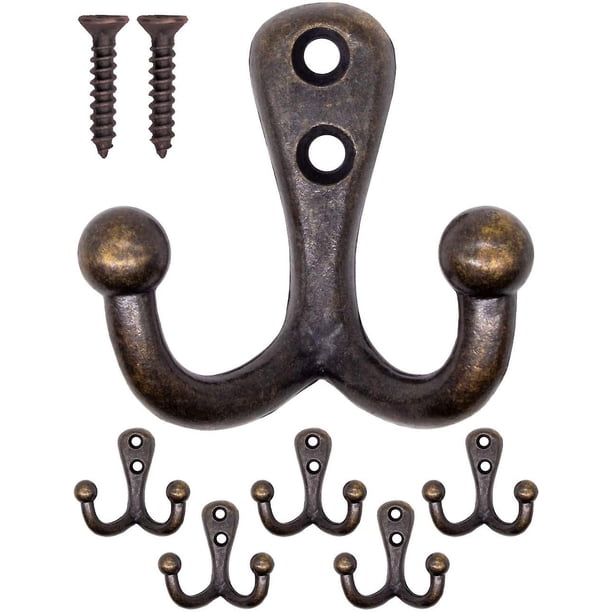 Ganchos dobles antiguos macizos, ganchos para guardarropa, ganchos para toallas, ganchos para ropa, ganchos de hierro, diseño de bronce de latón, casa de campo vintage retro, juego de 5.