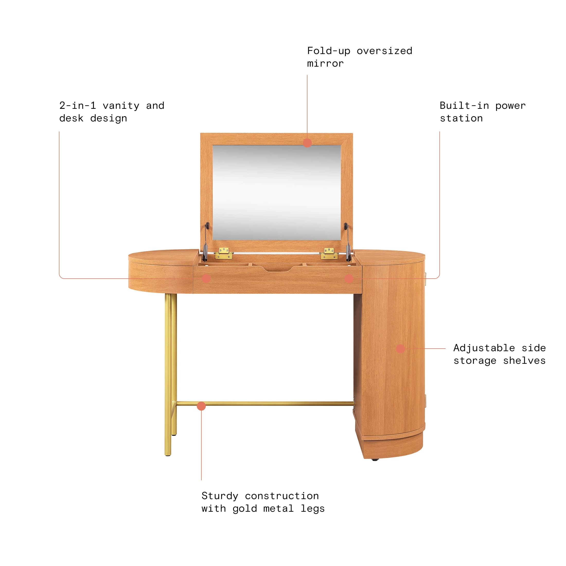 Beautiful Mae Vanity by Drew Barrymore with Hinged Mirror, Cherry Finish, Power Station