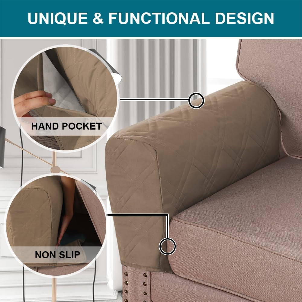 2 Pack Waterproof Armrest Covers for Chairs and Sofas Armrest Covers Couch Arm Covers for Sofa with Side Pocket Anti-Slip Furniture Protector Washable Armrest Slipcovers(Taupe)