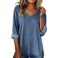 thumbnail image 3 of Women's Plus Size Denim Top, V Neck Long Sleeve Casual T-Shirt with Side Slits, Loose Fit Streetwear Tunic for Daily Wear and Going Out Blue L, 3 of 7