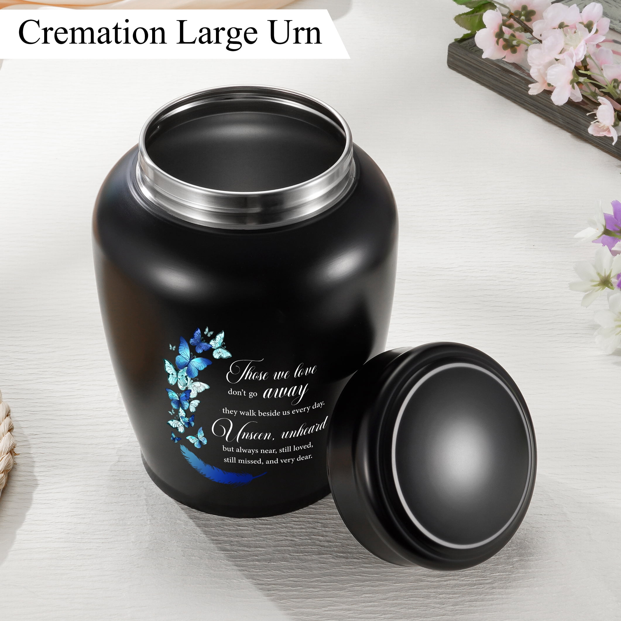 XIUDA Large Stainless Steel Urn for Human Ashes - 8.5 Inch Decorative Funeral Urn, Butterfly Cremation Keepsake for Men Women, Black Memorial Keepsake for Ashes
