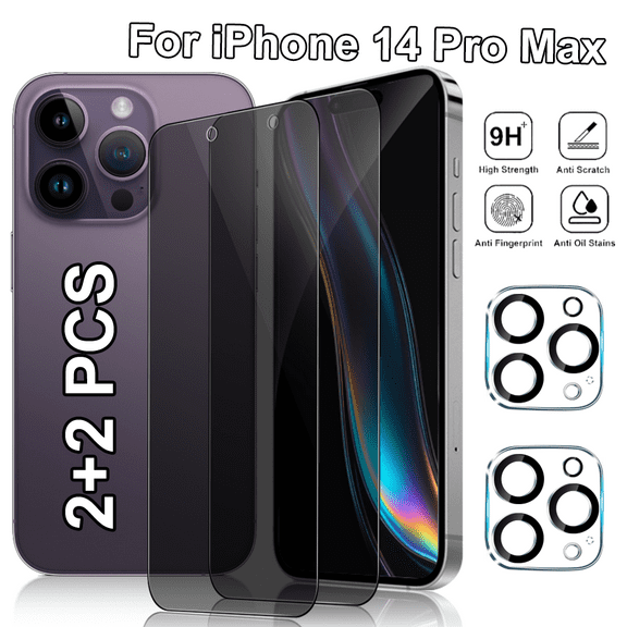 Anti-Spy Tempered Glass Screen Protector For IPhone 14 Pro Max (2 Pack) With Camera Lens Protector (2 Pack) 9H Hardness, Privacy Tempered Glass Film, Ultra-Thin, Shatterproof, Easy Installation