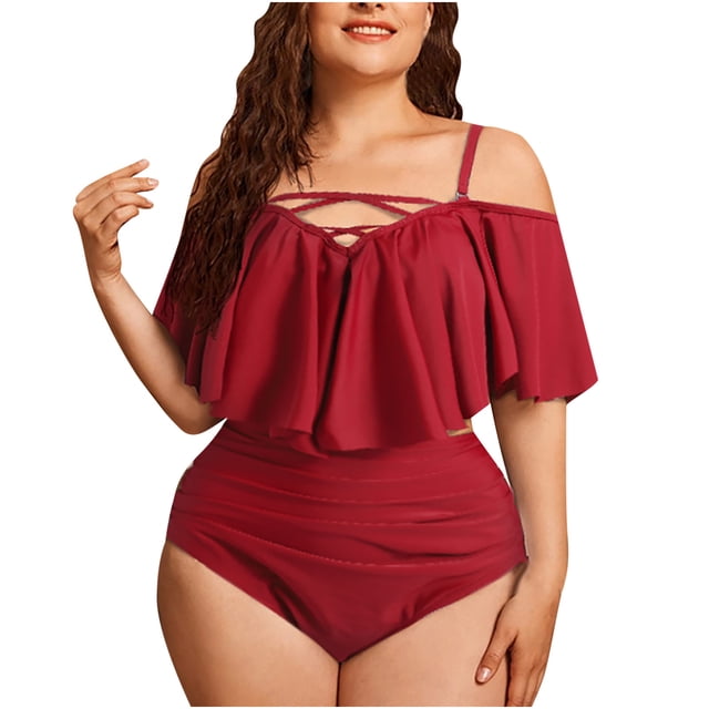 Elegante traje de baño informal de talla grande con volantes para mujer, sin cintura, color sólido, cómodo bikini OAVQHLG3B Store lin121212