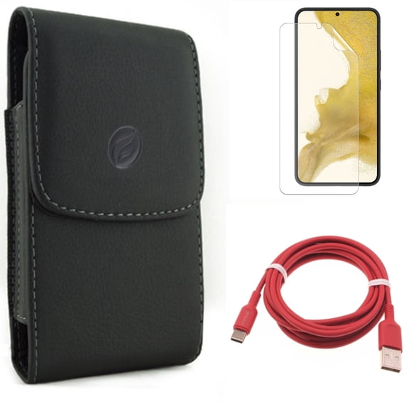 6ft USB-C Cable & Matte Screen Protector & Case Belt Clip for Samsung Galaxy S22 (6.1") - Red Charger Cord & TPU Film Anti-Glare & Leather Holster Accessory Bundle