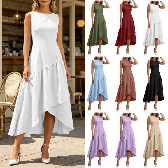 Smsaxvxz Dresses for Women Fashion Solid Crew Neck Sleeveless Irregular Ruffle Hem Casual Beach Summer Sundress White XL