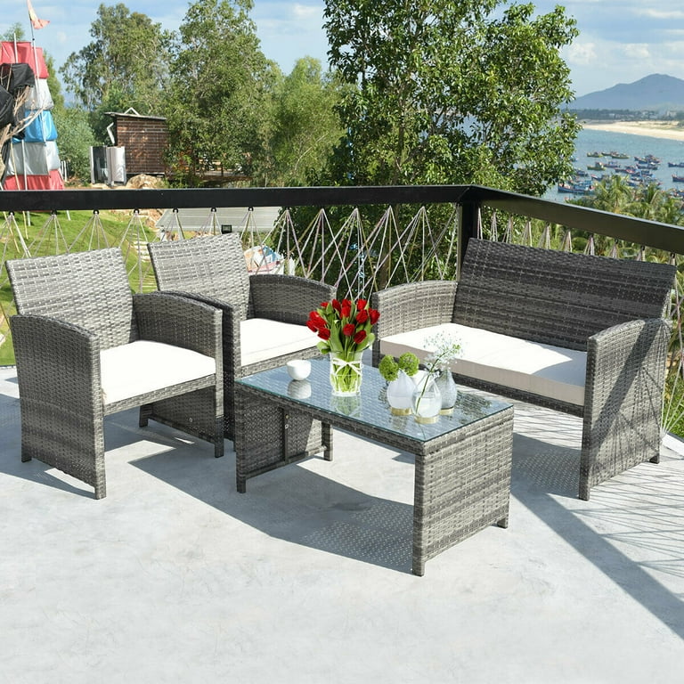 Costway 4PCS Rattan Patio Furniture Set Garden Sofa Cushioned Seat