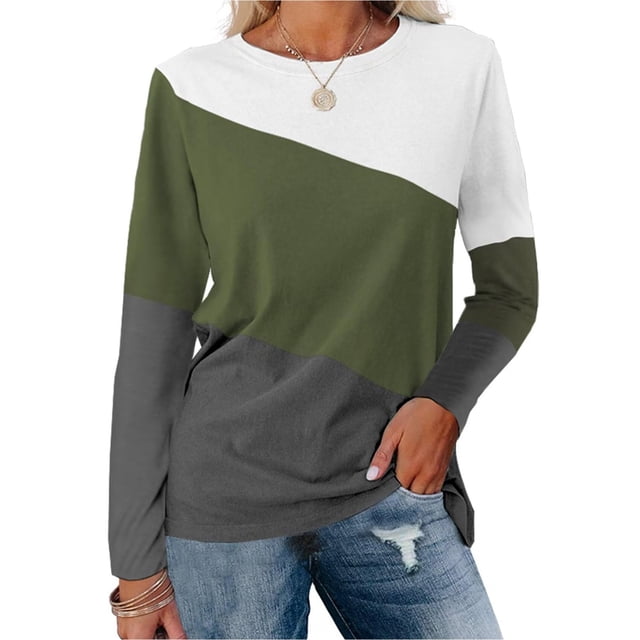 Pxiakgy Vente Chaude!! Hauts à Blocs de Couleur pour Femmes Tunique à Manches Longues Décontractée Col Rond Pull Chemises à Blocs de Couleur pour Femmes Hauts à Manches Longues Décontractés Col Rond Pull Vert Armée S