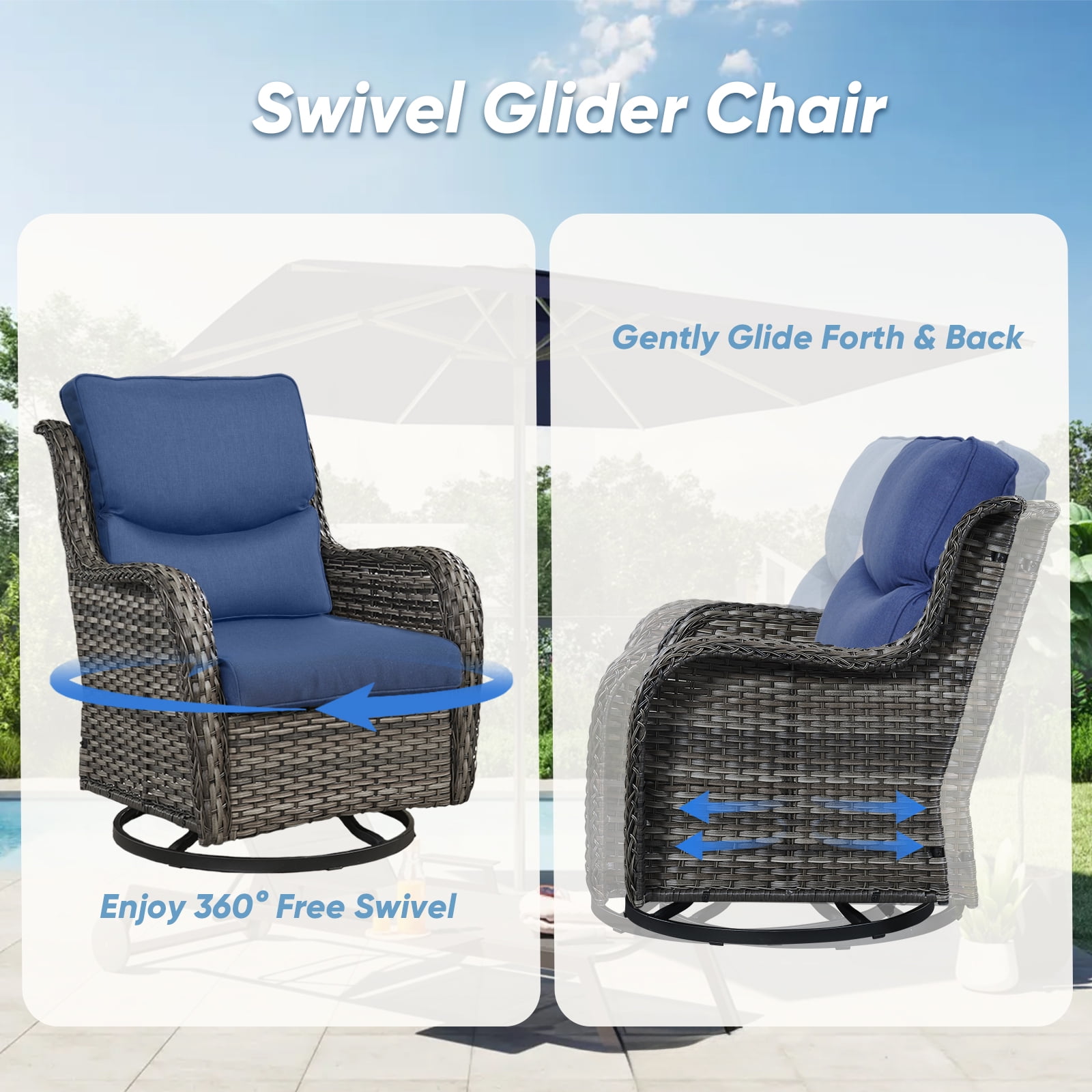 Gymojoy 3 Pieces Patio Furniture Coversation Set, Outdoor Swivel Gliders Rocker, Wicker Patio Bistro Set with Rattan Rocking Chair for Backyard(Navy Blue)