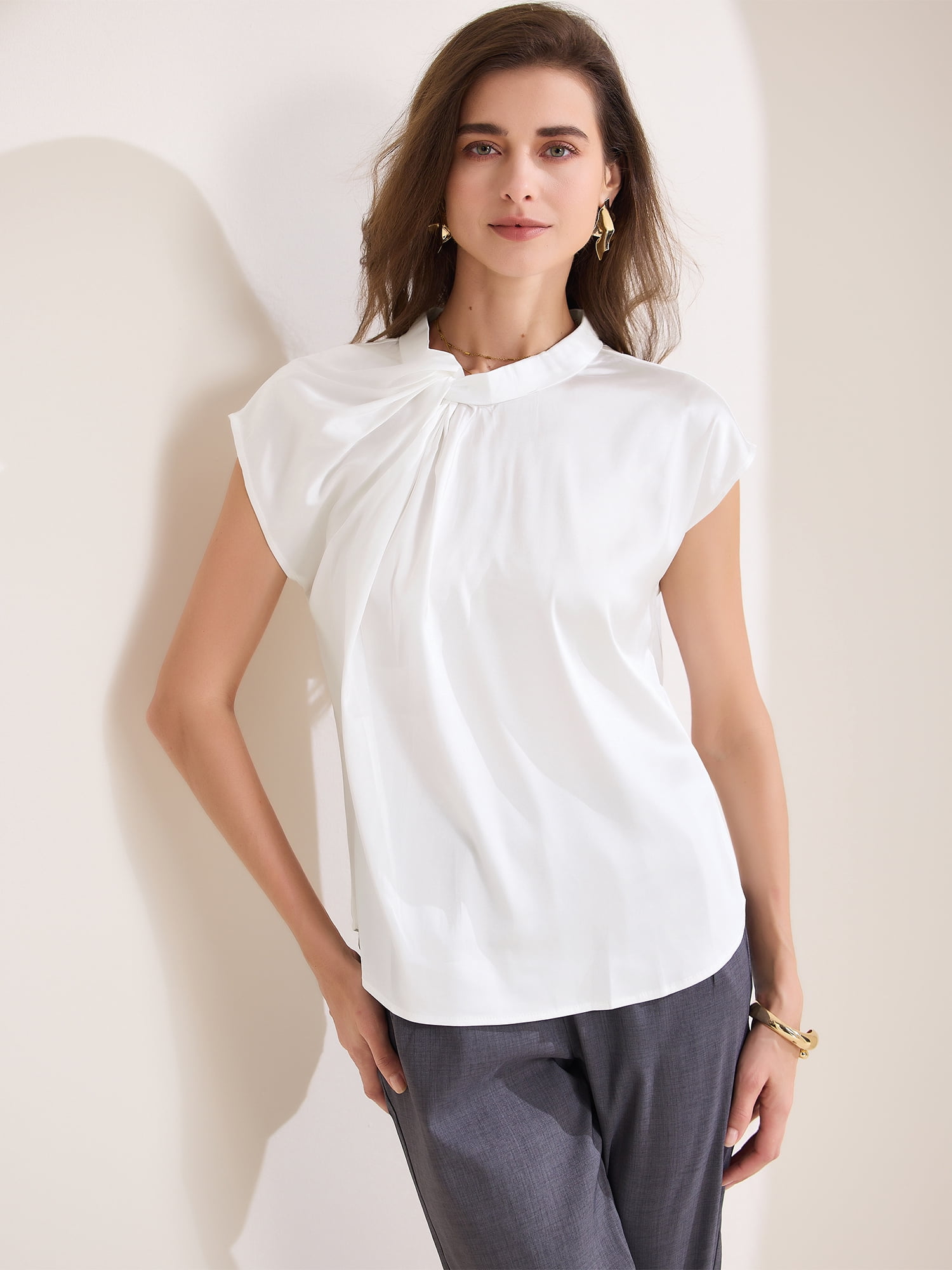 DARING DIVA Women's Elegant Satin Cap Sleeve Pleated Neck Blouse M White
