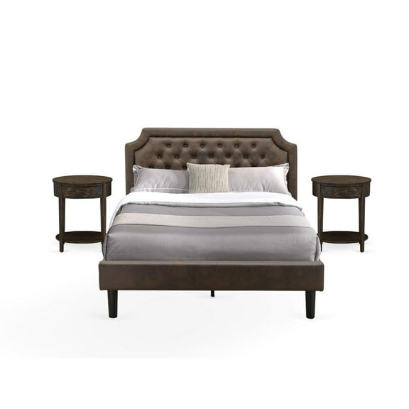 East West Furniture GB25Q-2HI07 3-Pc Granbury Bed Set with Queen Frame and 2 Distressed Jacobean End Tables - Dark Brown Faux Leather and Black Legs