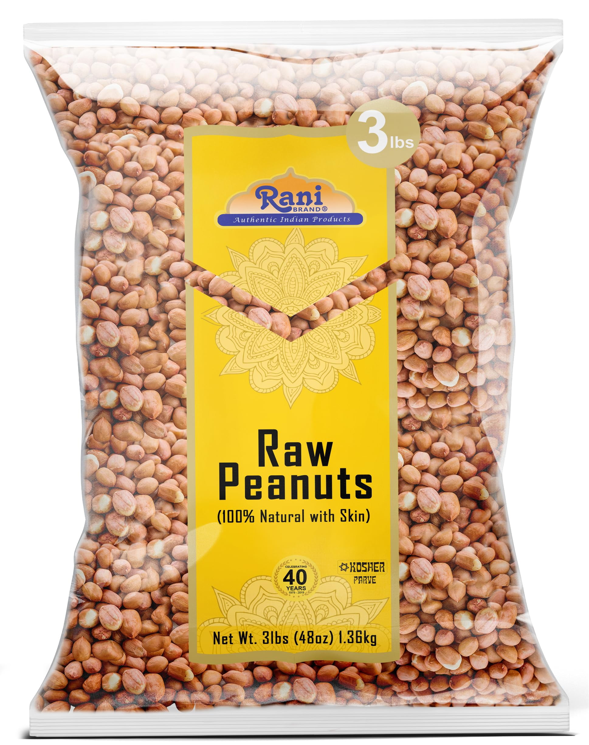 Rani Peanuts, Raw Whole With Skin (uncooked, unsalted) 48oz (3lbs) 1.36kg Bulk, Pack of 12 ~ All Natural | Vegan | Gluten Friendly | Fresh Product of USA ~ Spanish Grade Groundnut/Red-skin