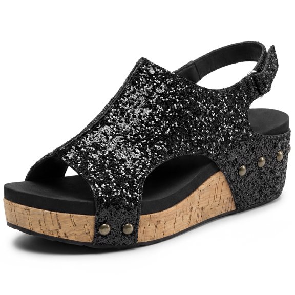 BLISSFUL STEP Women's Peep-toe Glitter Hollow Out Platform Adjustable Buckle Strap Sandals Black 6