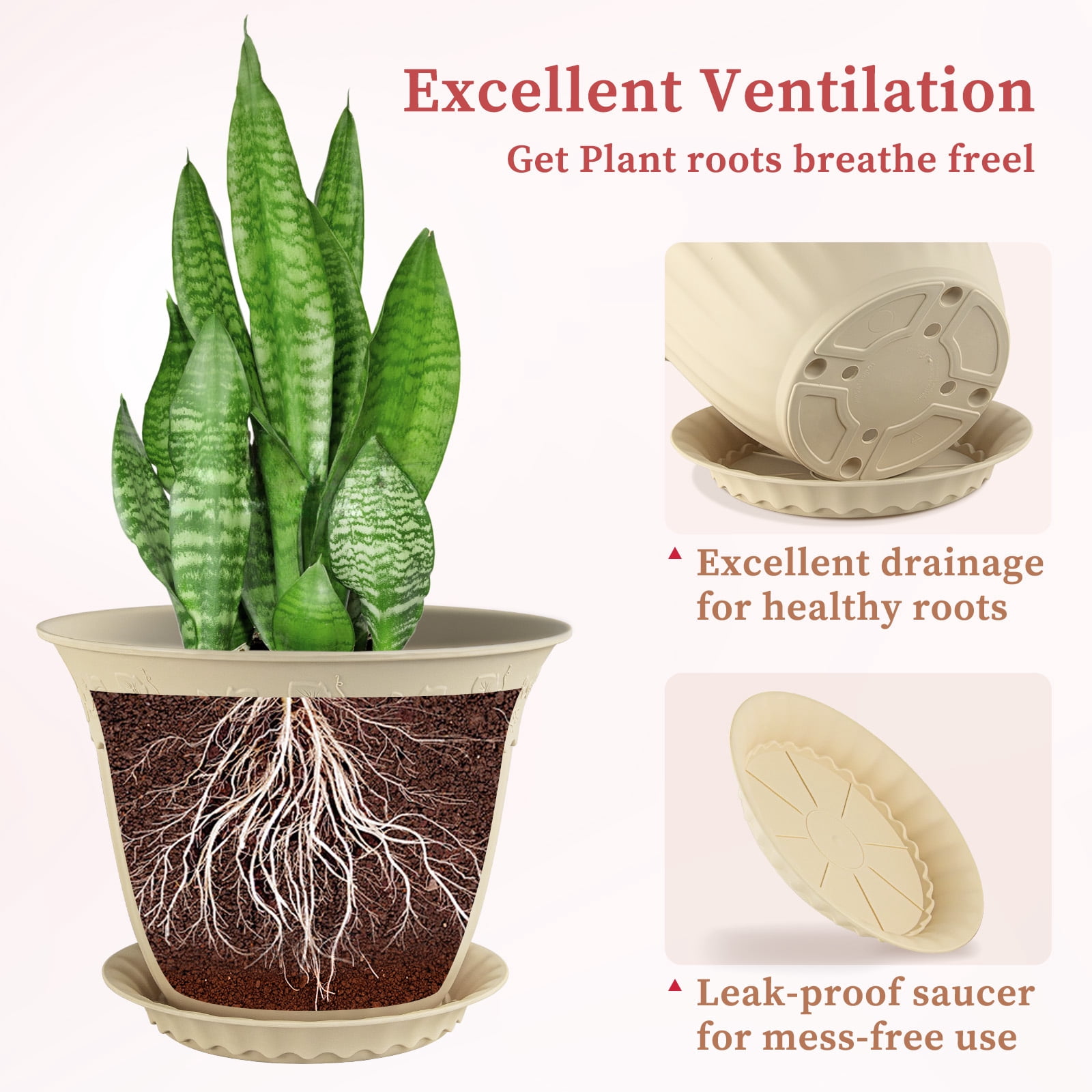 FIASON 6 Pack 8 Inch Beige Embossed Plastic Plant Pots, Vine Pattern Flower Planters with Drainage Holes and Saucers, Indoor Outdoor Decorative Plant Pots