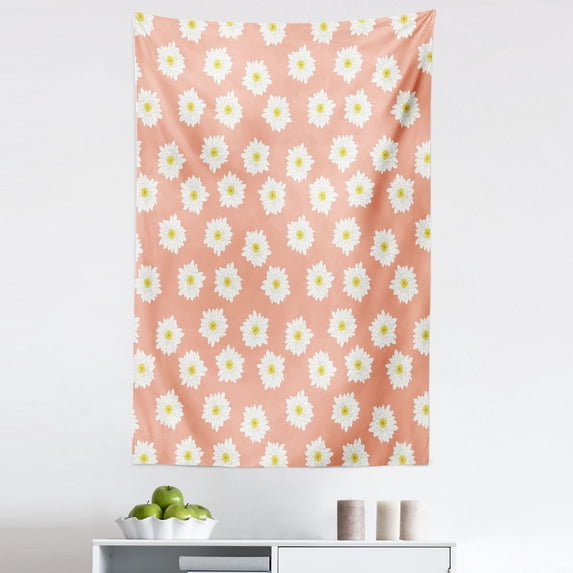 Floral Tapestry, Continuous White Flowers Chrysanthemum Summer Season Rhythmic Illustration, Fabric Wall Hanging Decor for Bedroom Living Room Dorm, 5 Sizes, Peach Mustard White, by Ambesonne