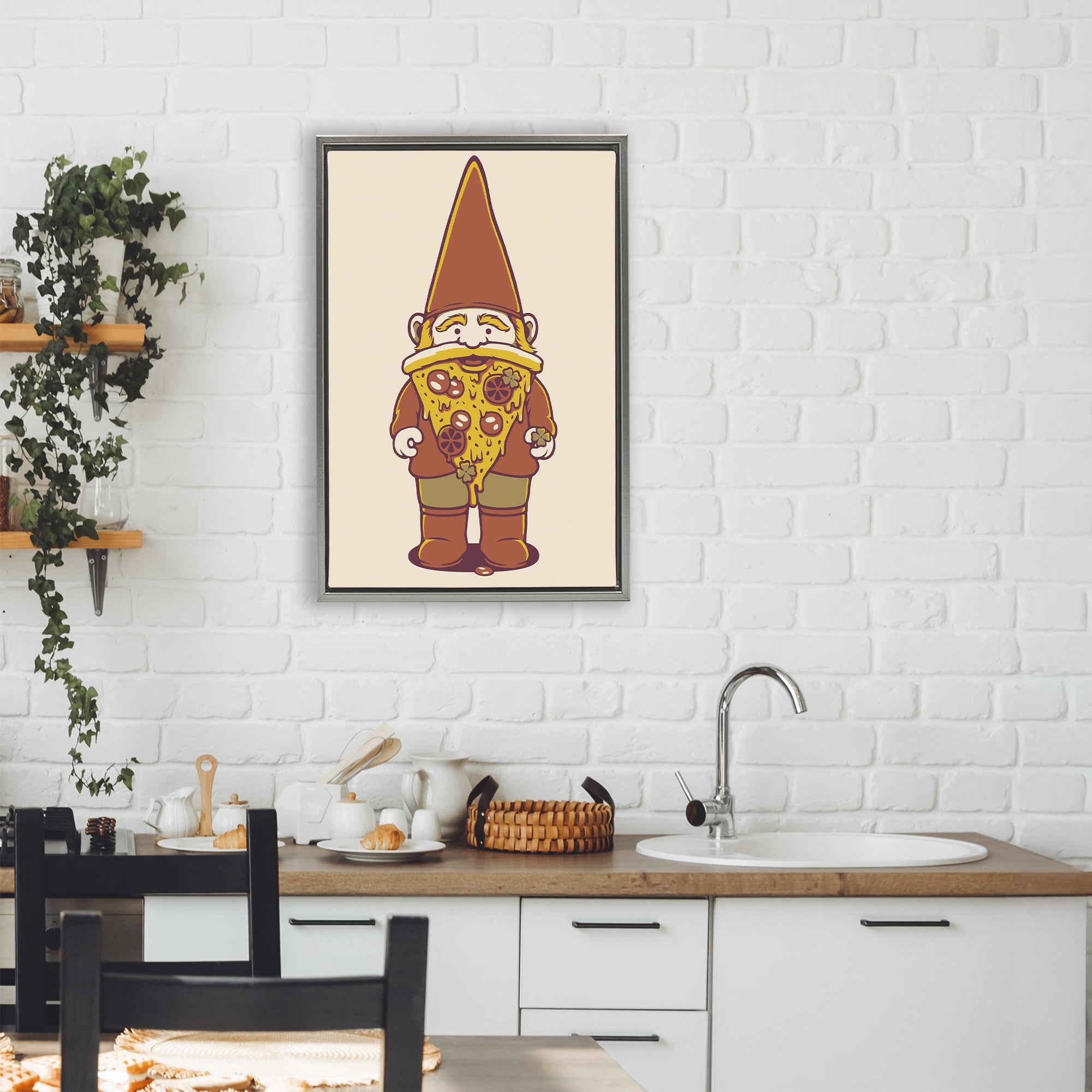 Stupell Industries Happy Pizza Gnome Gray Framed Floater Canvas Wall Art, design by Tobe Fonseca