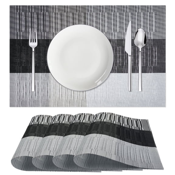 EVNELE Woven Placemats Set of 4, Black Anti-Slip Heat PVC Resistant Kitchen Table Mats, 12×18 Inch