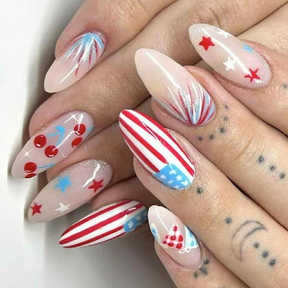 24 Pcs Medium Almond False Nail Press On Nail Independence Day Stick on Nail