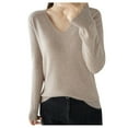 thumbnail image 2 of ZHOGXU Women'S Knitted Sweater Solid Color Long Sleeve V Neck Comfortable Fashion Pullover Top For Daily Wear Khaki M, 2 of 4
