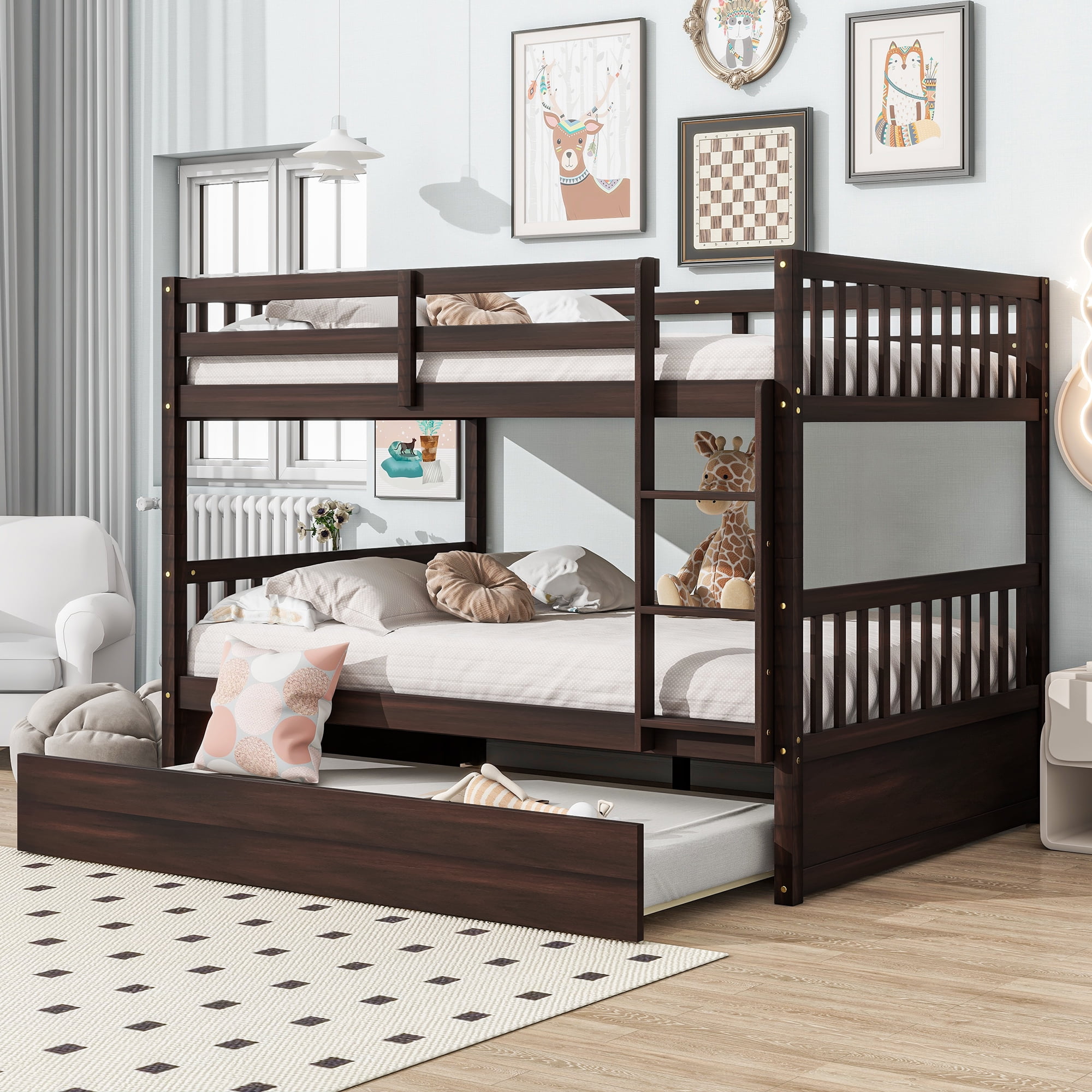 Sailvan Full Over Full Rubber Wood Bunk Bed with Trundle Ladder Guardrails, Convertible to 2 Beds