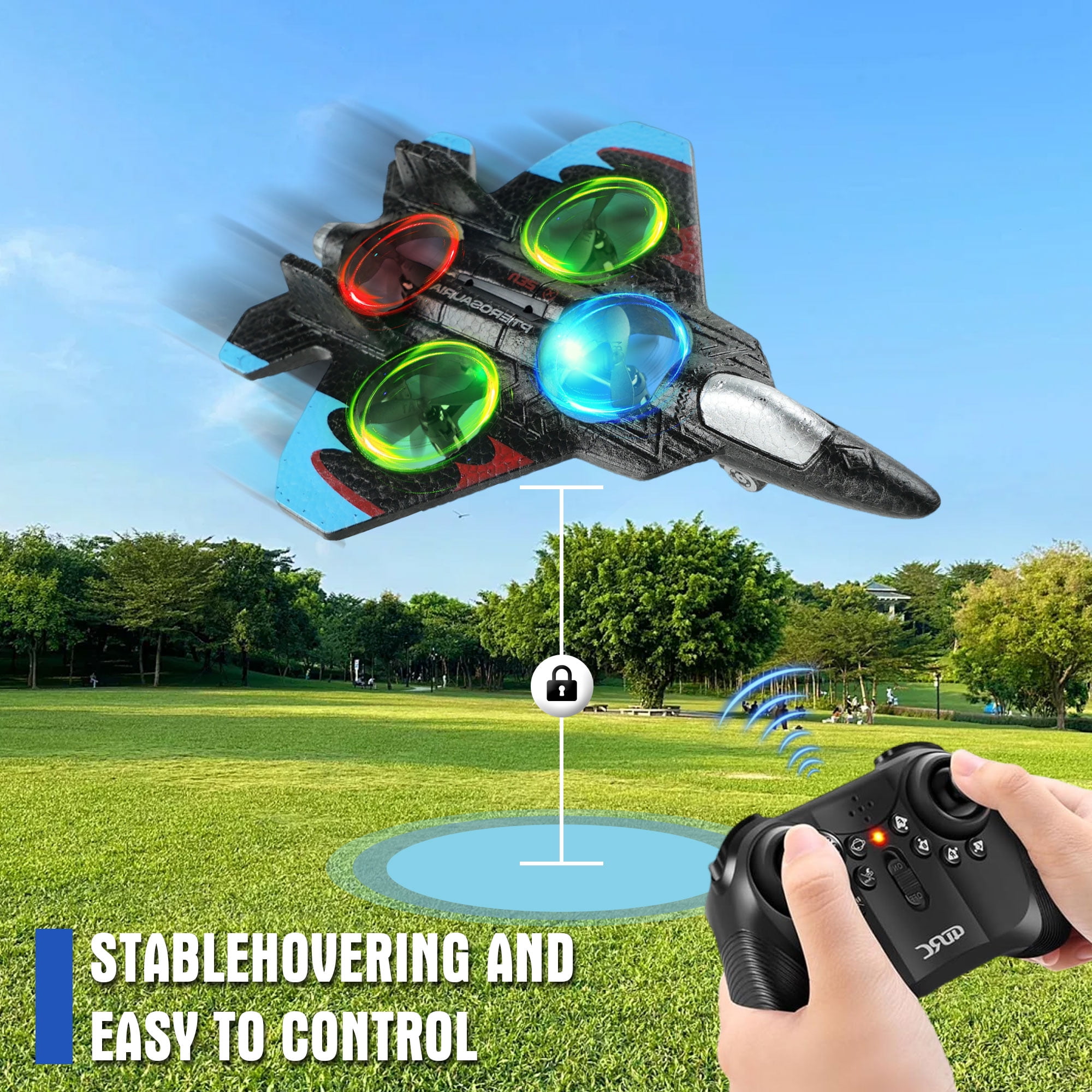 JUGAAD LIFE Foam Drone RC Plane for Kids Adults, 2.4GHZ Remote Control Airplane Fighter Jet Toys for Boys and Beginners, 360° Aircraft Plane with Light