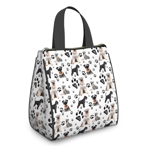 Schnauzer Dog and Footprints Insulated Lunch Bag for Women & Adults,Large Portable Soft Cooler Lunch Bag,Thermal Food Storage Tote with Pearl Cotton,8.66L,8.75x5.75x9.5 Inch