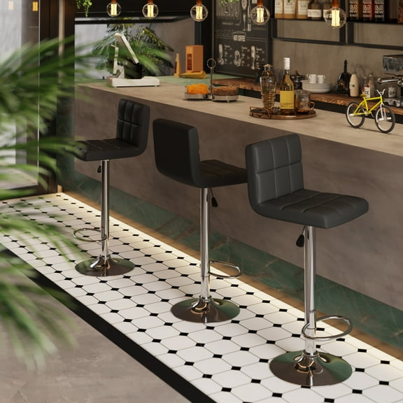 Vineego Modern Square PU Leather Swivel Adjustable Bar Stool, Set of 2, Bar Stool for Kitchen Counter,Black