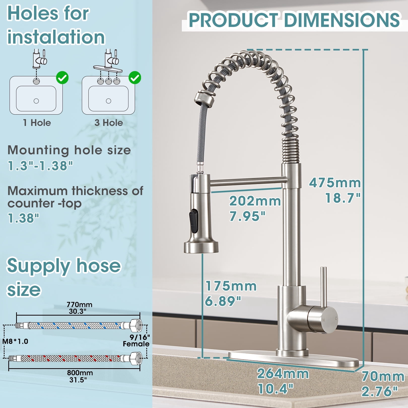 Wowkk Sanitary Ware 304 Stainless Steel Kitchen Faucet with Pull Out Sprayer, 2 Water Modes Single Handle Kitchen Sink Faucets with Deck Plate for Laundry Bar Patio Sink, Brushed Nickel