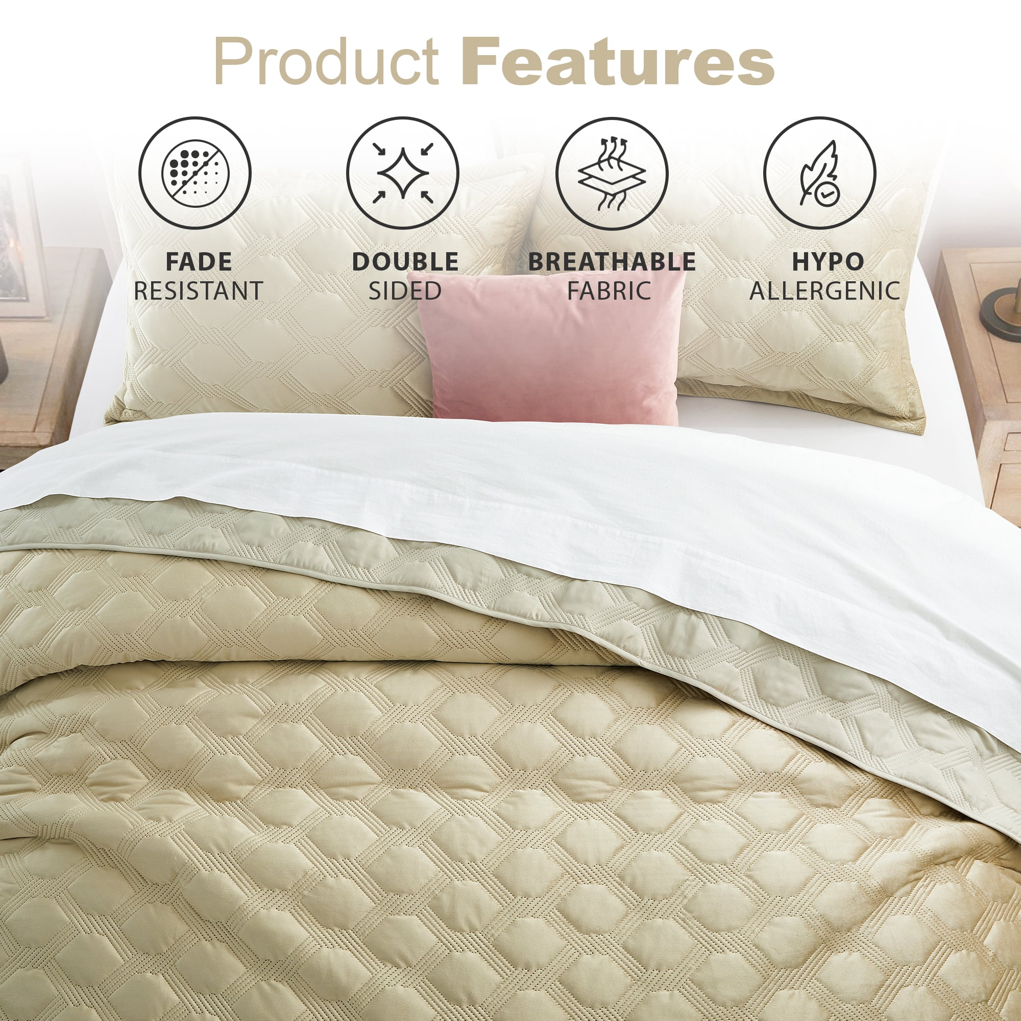 IR Imperial Rooms Velvet Quilt Set 3 Piece Geometric Ultrasonic Embossed Bedspread Reversible 350GSM Soft Brushed Microfiber Beige Full/Queen