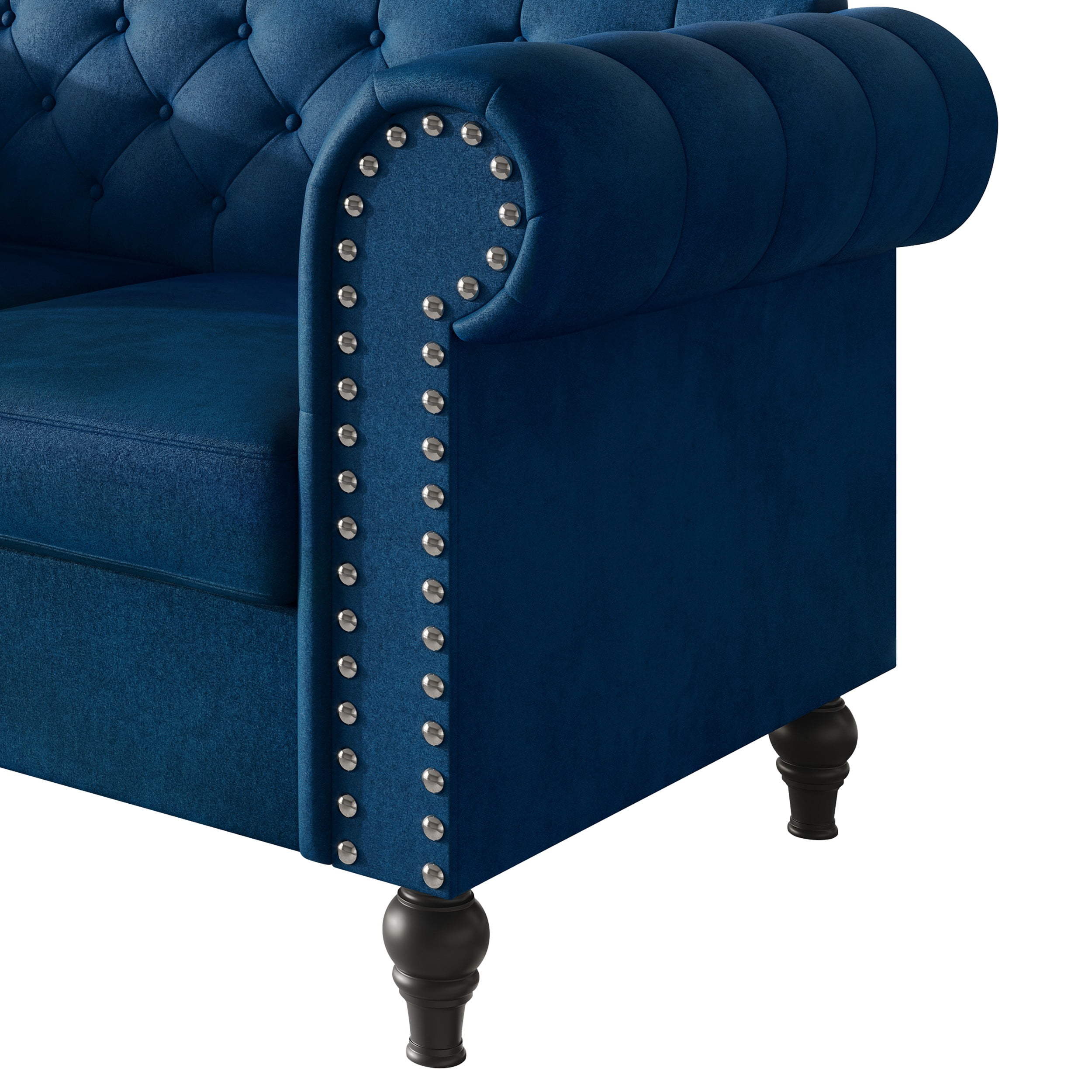 Home Design Kelso Velvet Rolled Arm Loveseat with Deep Button Tufting, Nailhead Trim and Turned Legs, Blue