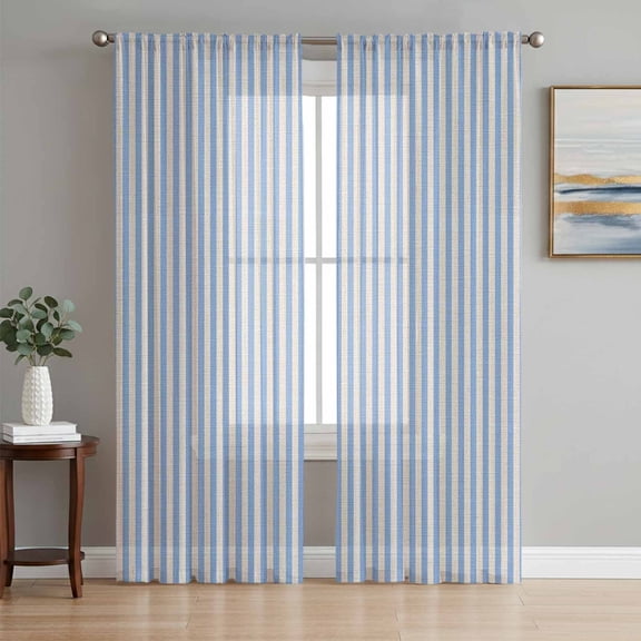 Blue Striped Semi Sheer Curtains 108 Inch Length 2 Panels Set, Modern Simple Farmhouse Beige Vintage Sheer Kitchen Curtain Privacy Voile Window Curtain for Living Room Bedroom Rod Pocket Drapes