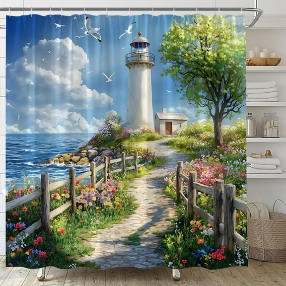 Nautical Lighthouse Shower Curtain Ocean Beach Coastal Seaside Seacape Seagull Tropical Rustic Floral Fabric Bathroom Decor Set,72x72 inch