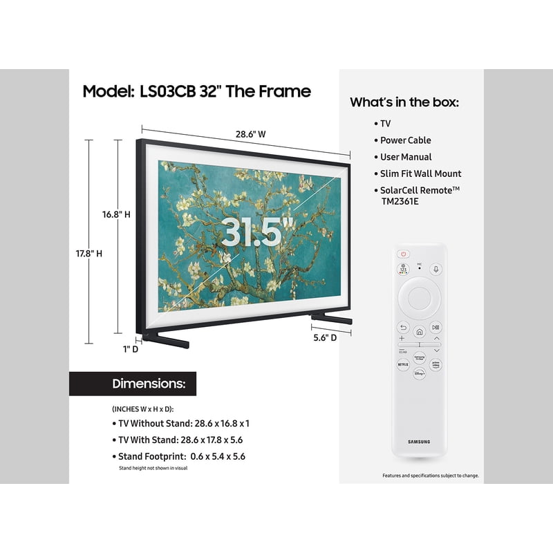 SAMSUNG 32" Class LS03B The Frame QLED HDR Smart TV - QN32LS03CBFXZA accessories and compatibility