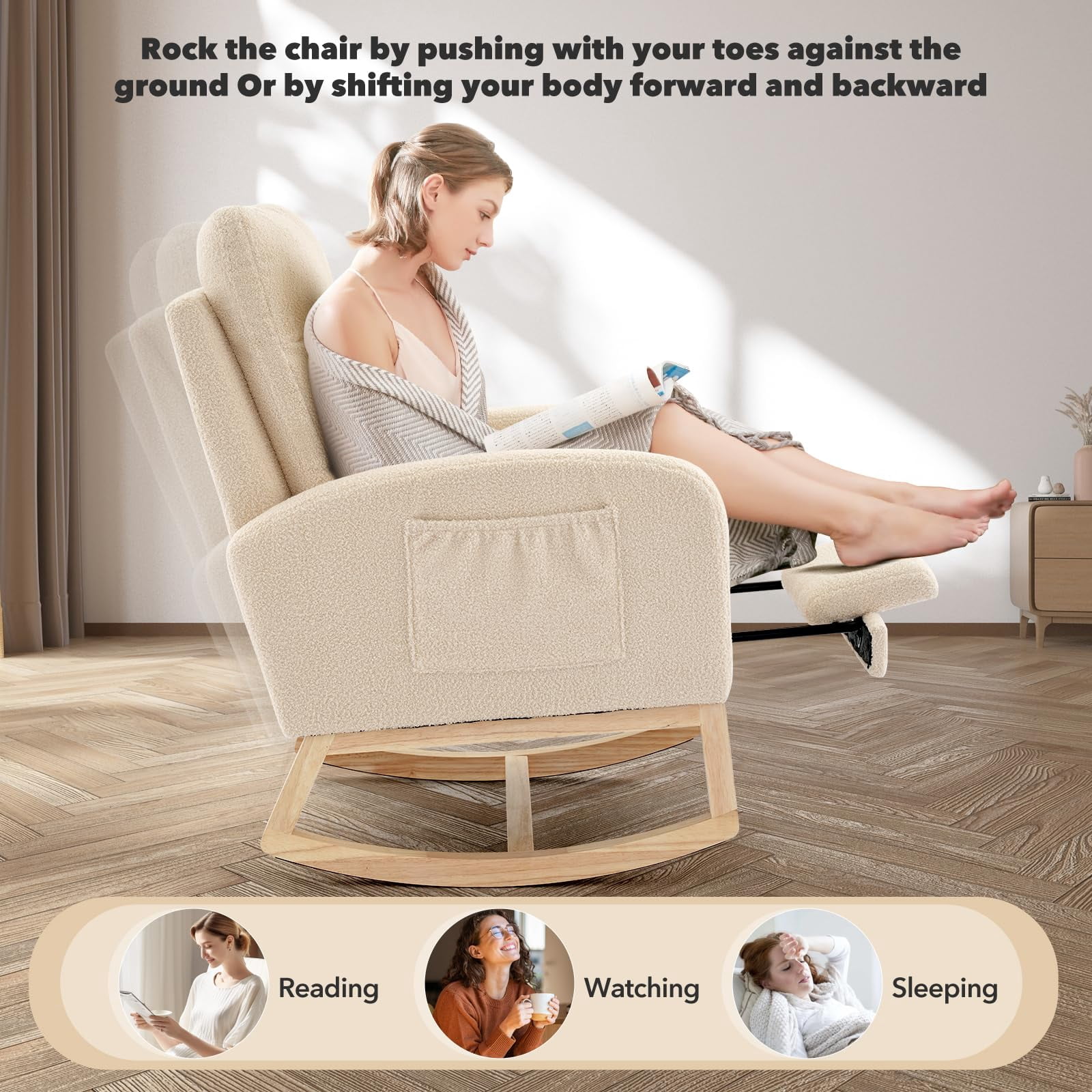 Nursery Rocking Chair with Retractable Footrest & High Backrest, Upholstered Glider Rocker Accent Chair for Breastfeeding Reading, Compact for Bedroom Living Room Apartments