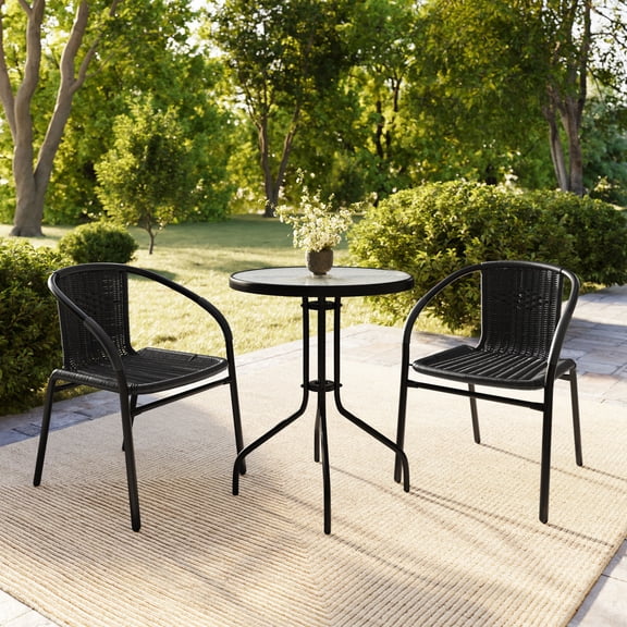 Flash Furniture Set of 2 Commercial Grade Black Rattan Indoor-Outdoor Restaurant Stack Chairs