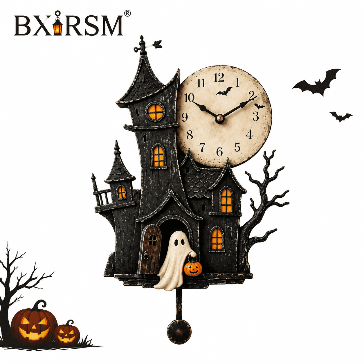 Vintage Halloween Ghost Wall Clock, Wooden Wall Clock, Haunted House Pendulum Clock, Silent Non