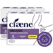 Claene Organic Cotton Cover Pads, Cruelty-Free, Menstrual Overnight Pads for women, Unscented, Breathable, Vegan, Natural Sanitary Napkins with Wings (Overnight, 2 Pack, Total 16)