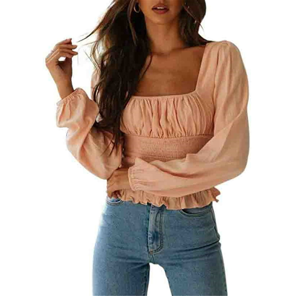 Aunavey Aunavey Women's Frill Smock Crop Top Retro Square Neck Long