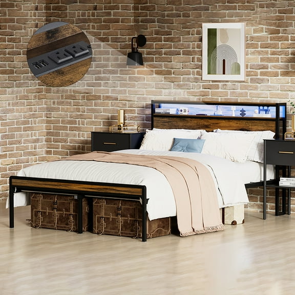 Gzxs Queen Size Metal Platform Bed Frame with Storage Headboard, LED Light and Charging Station, Under-Bed Storage Space, No Box Spring Needed, Antique Brown