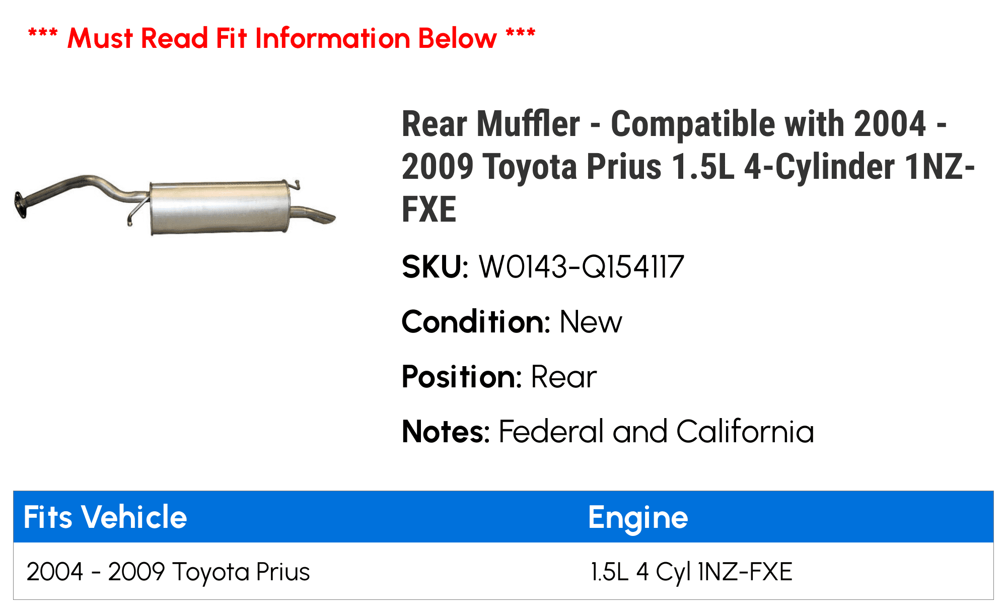 Rear Muffler Compatible with 2004-2009 Toyota Prius 1.5L 4-Cylinder 1NZ-FXE 